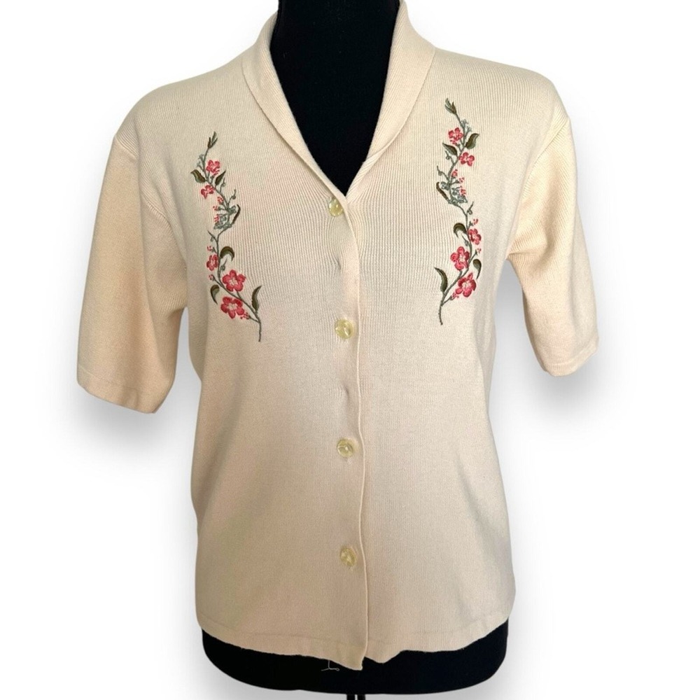Laura Ashley Cream Floral Embroidered Short Sleeve Cotton Cardigan Sweater Small